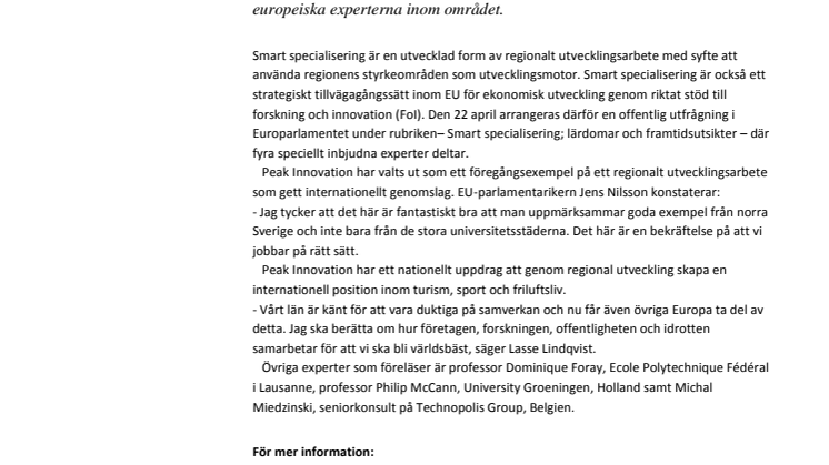 Peak Innovation lyfts fram som ett föregångsexempel i EU-parlamentet