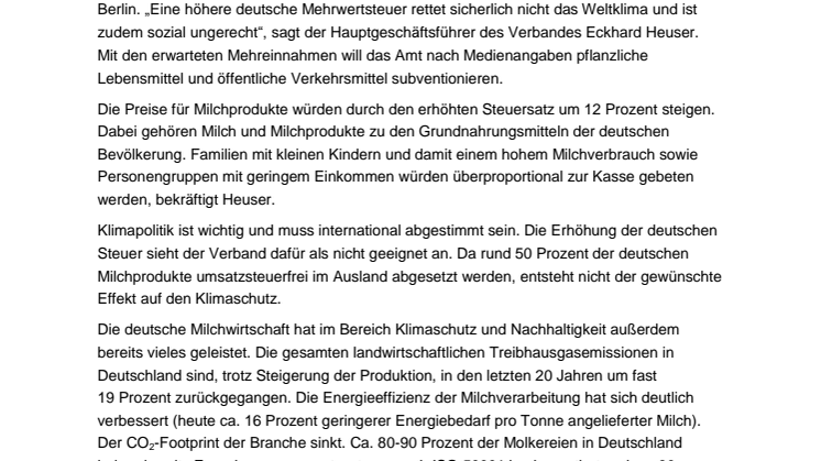 MIV zur diskutierten höheren Mehrwertsteuer für Milchprodukte: Sozial unausgewogen und umweltpolitisch sinnlos
