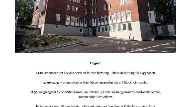 Program för invigning av Frälsningsarmén Halvvägshuset Kurön-Stockholm. 