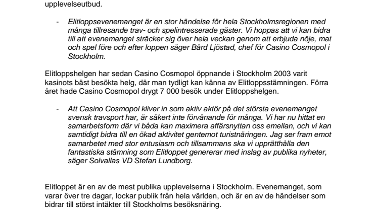 Casino Cosmopol - huvudsponsor till Elitloppshelgen