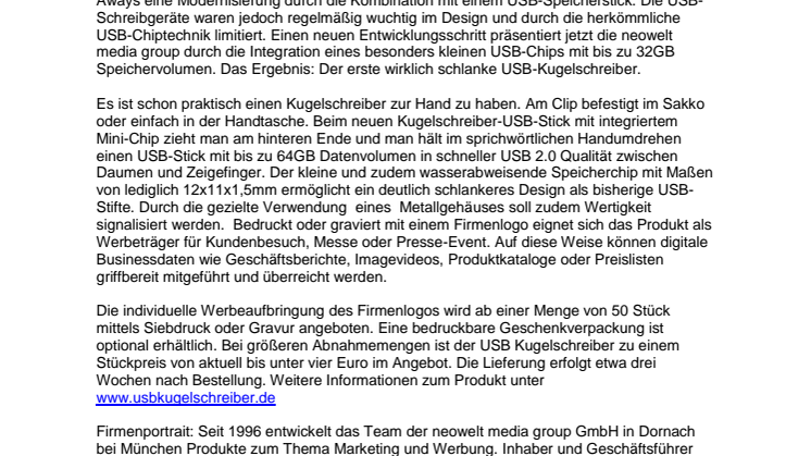 Extraschlankes Design - Der erste USB-Kugelschreiber mit neuem Mini-Chip