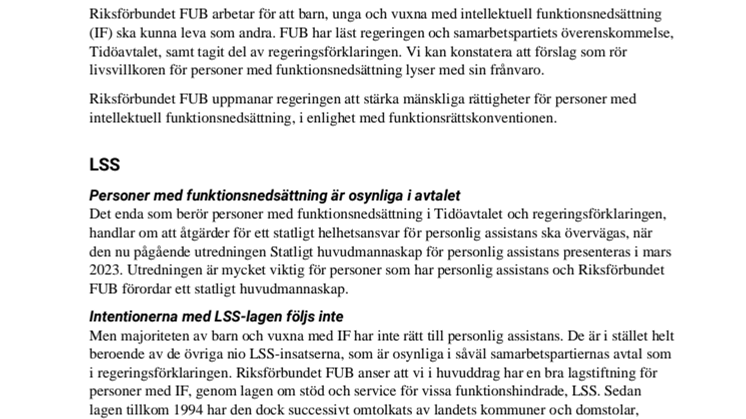 Skrivelse till regeringen från Riksförbundet FUB 2022-10-27