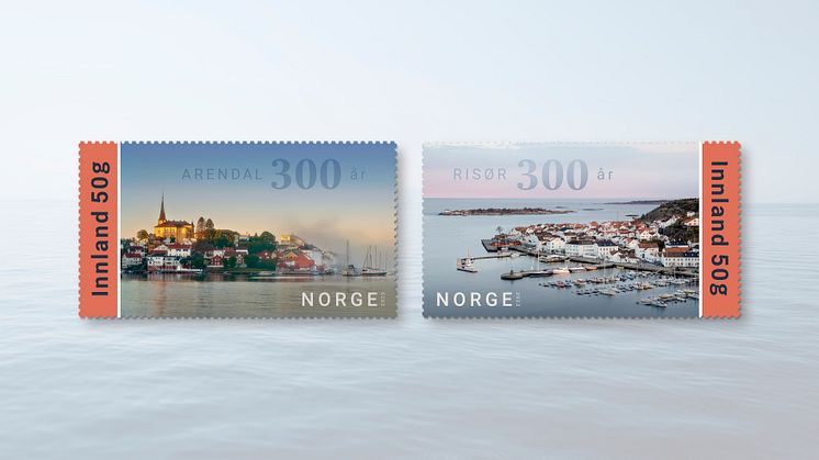 JUBILEUM: Arendal og Risør feirer i 2023 300-årsjubileum som byer – og får egne frimerker. FOTO: Posten