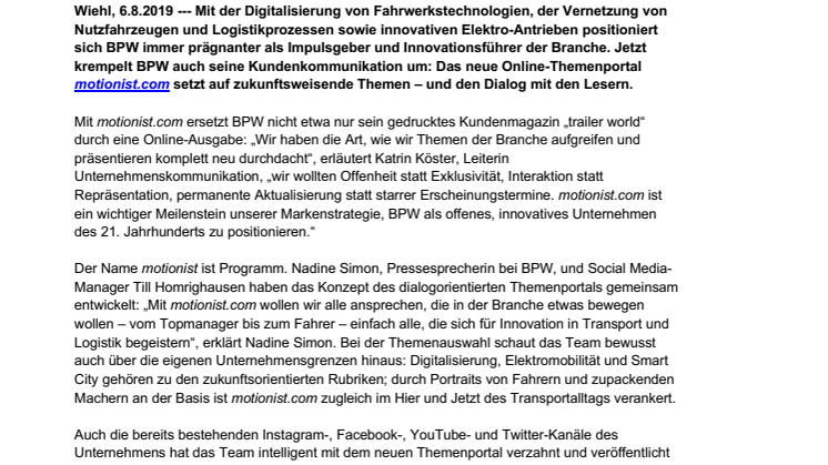 Kundenmagazin war gestern: BPW startet neues Online-Themenportal motionist.com rund um Transport und Logistik