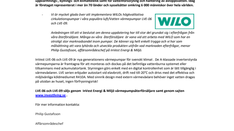 InVest Energi & Miljö väljer cirkulationspumpar från WILO.