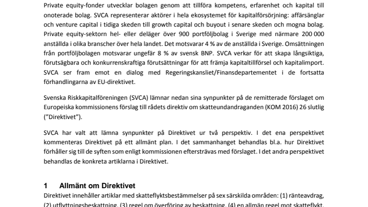 Remissyttrande - Fi2016/00380/S1 Europeiska kommissionens förslag till rådets direktiv om skatteundandraganden KOM(2016) 26 slutlig