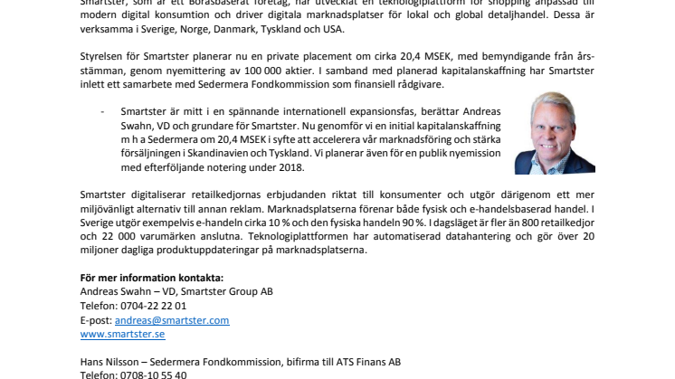 Smartster ingår avtal med Sedermera om kapitalanskaffning