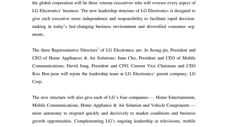 LG ELECTRONICS ANNOUNCES KEY LEADERSHIP CHANGES TO ENHANCE FLEXIBILITY AND DECISION-MAKING FOR 2016