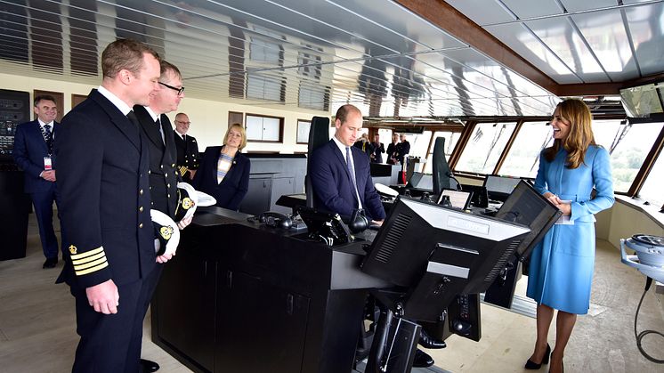Royal Ceremonial Naming of RRS Sir David Attenborough. Sir David Attenborough and Duke and Duchess of Cambridge attended the event on Thursday – pictured with Kongsberg Maritime systems on the bridge. Photo credit: British Antarctic Survey
