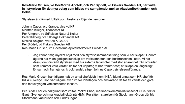 Ros-Marie Grusén och Per Sjödell till styrelsen för Akademibokhandeln och Bokia 