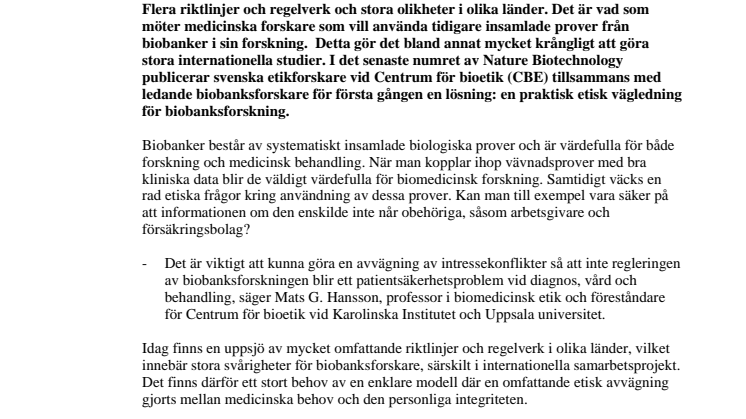 Efterlängtad internationell etisk vägledning för biobanksforskare