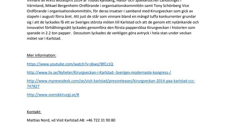 Årets Mötespris i Karlstad tilldelas Kirurgveckan 2014