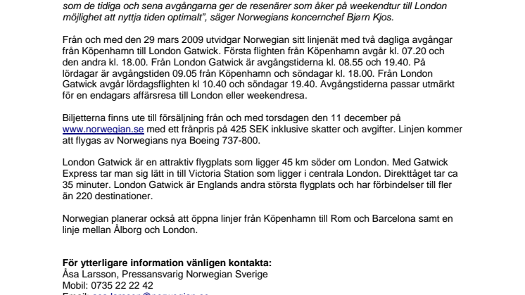 Norwegian öppnar ny lågprislinje mellan Köpenhamn – London 