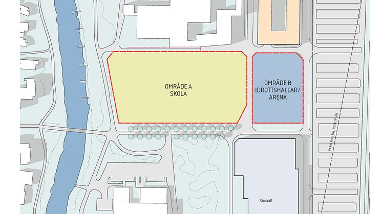 Skissen visar placering av skolan och idrottsarenan på Inlag i Kungsbacka. 