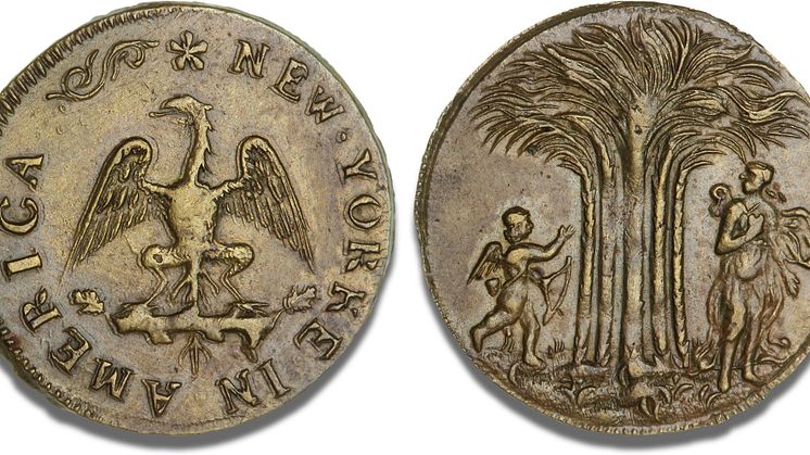 Tidlig amerikansk token fra New York, ca. 1668-1673.  Vurdering: 70.000 kr. Hammerslag: 660.000 kr.  