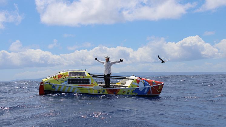 Lia Ditton celebrates finishing her epic 86-day row from San Francisco to Hawaii. Credit: Ken Watts