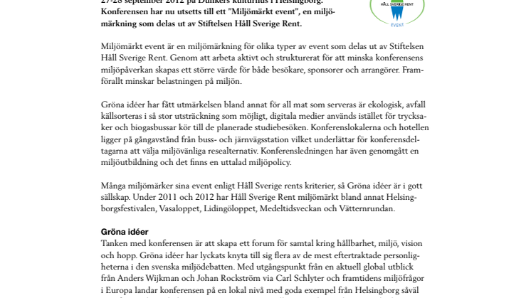 Gröna idéer har fått utmärkelsen ”Miljömärkt event”