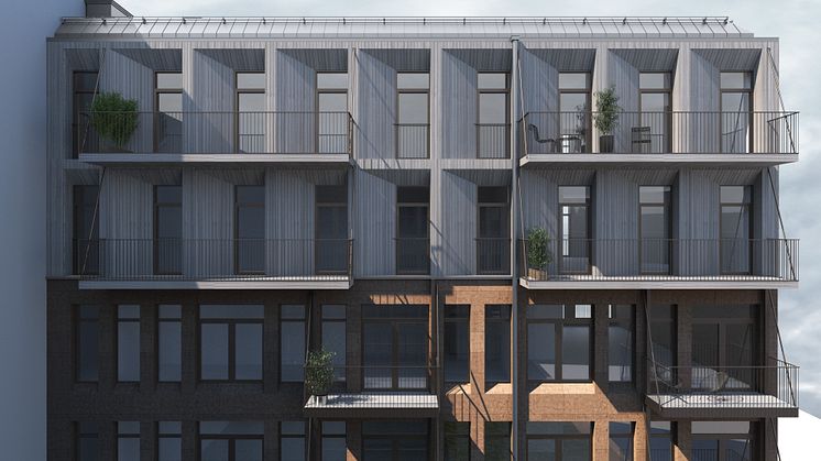 Illustration vy mot innergård, påbyggnad etapp 1