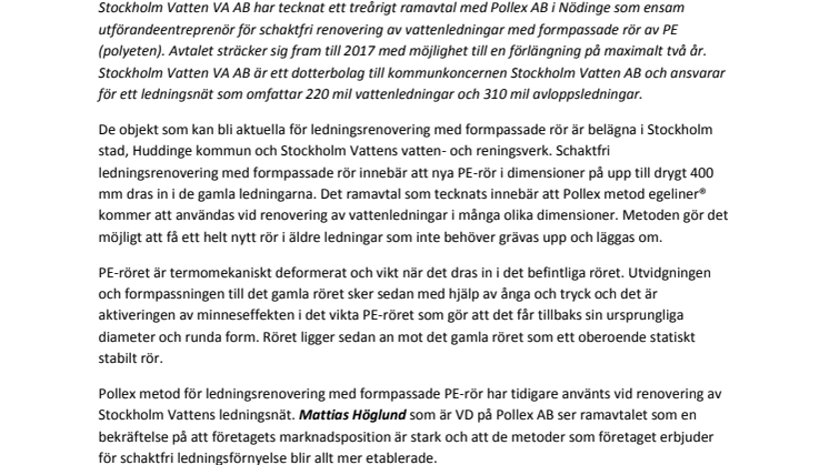 Pollex AB tecknar ramavtal med Stockholm Vatten VA AB om schaktfri ledningsrenovering