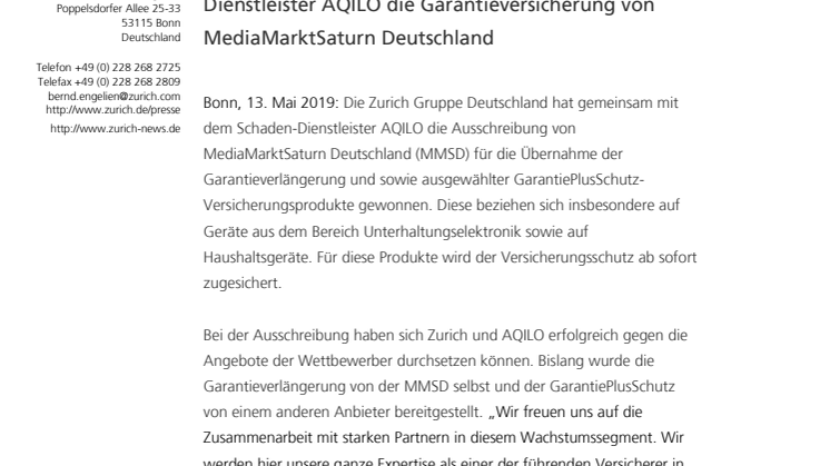 Zurich übernimmt gemeinsam mit dem Schaden-Dienstleister AQILO die Garantieversicherung von MediaMarktSaturn Deutschland