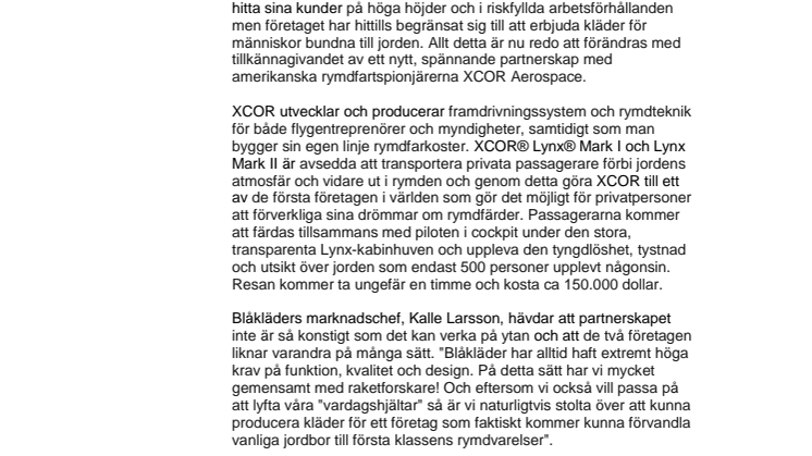 Svenska Blåkläder tillkännager partnerskap med amerikanska rymdresepionjärerna XCOR Aerospace.