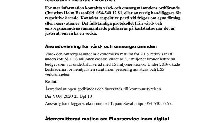 Vård- och omsorgsnämndens beslut i korthet 12 februari