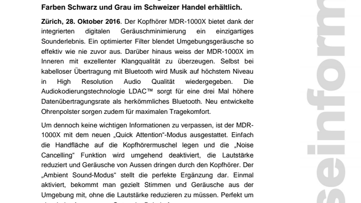 ​Premium-Sound und Noise Cancelling der Extraklasse: Sonys neuester Kopfhörer MDR-1000X gibt es ab sofort auch in der Schweiz