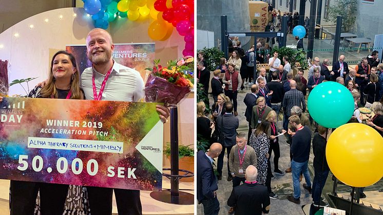 Isabella Palmgren, CEO and co-founder from Mimbly and Milton Lönnroth, co-founder from Alpha Therapy Solutions receive the award of 50 000 SEK respectively.