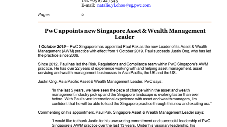 PwC appoints new Singapore Asset & Wealth Management Leader