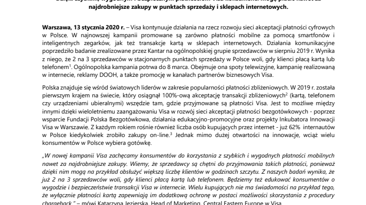 „2 na 3 sprzedawców woli, gdy za zakupy płacisz kartą lub telefonem” – nowa kampania Visa promująca mobilne płatności zbliżeniowe i zakupy kartą w internecie