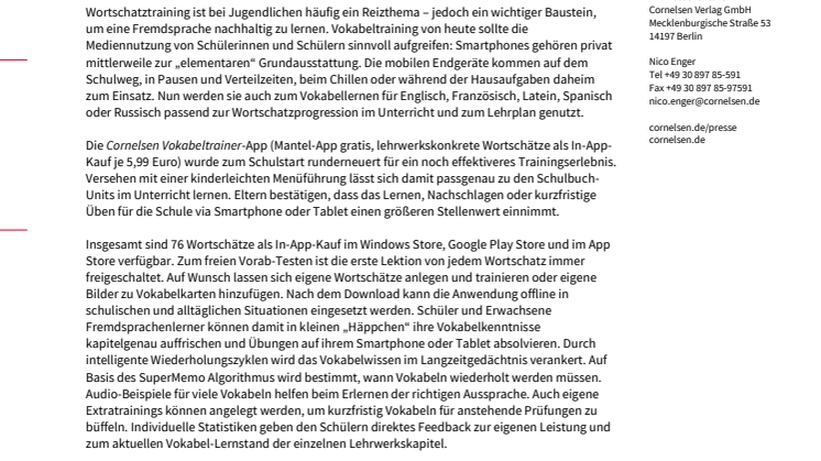 Mobiles Vokabeltraining via Smartphone oder Tablet:  "Cornelsen Vokabeltrainer"-App für alle Fremdsprachen zum Schulstart