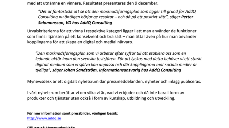 AddQ nominerade till Årets Nyhetsrum i kategorin IT & Teknik