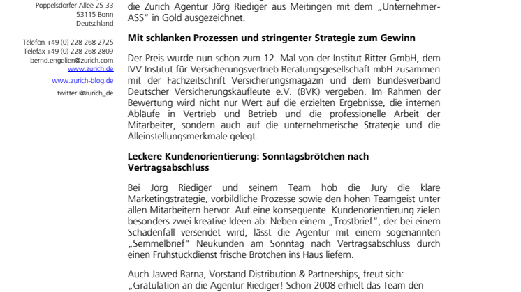 Zurich Agentur Jörg Riediger als bester Vermittlerbetrieb Deutschlands ausgezeichnet 