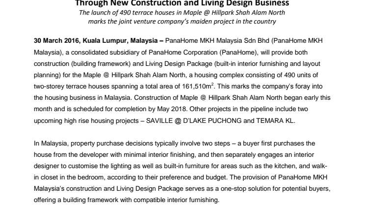 PanaHome MKH Malaysia Adds Value to Malaysia’s Housing Industry Through New Construction and Living Design Business