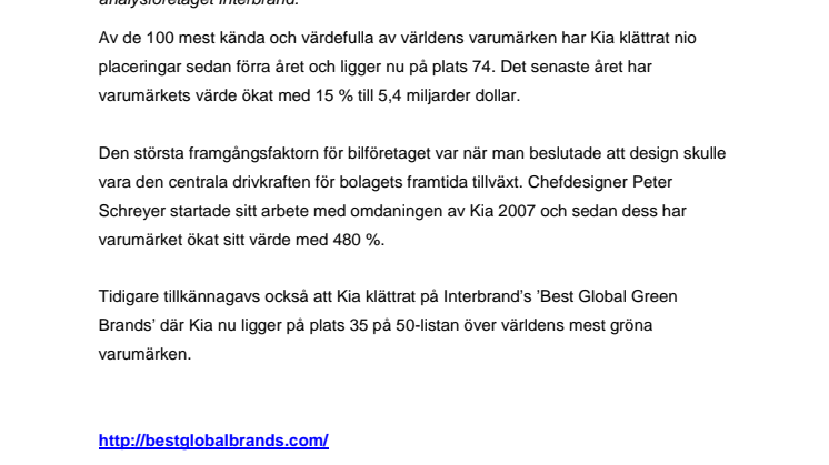 Kia klättrar på listan över världens mest värdefulla varumärken