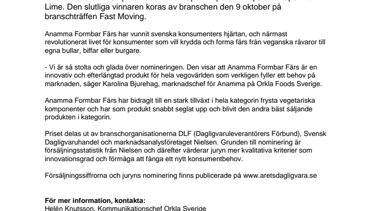 Anamma Formbar Färs nominerad till Årets Dagligvara 2019