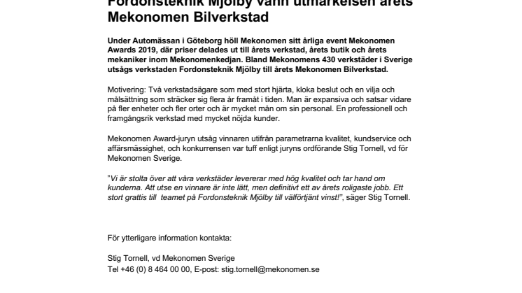 Fordonsteknik Mjölby vann utmärkelsen årets Mekonomen Bilverkstad