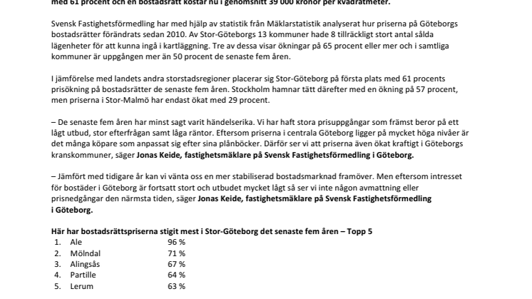Så mycket har bostadsrättspriserna ökat i Göteborg – kommun för kommun