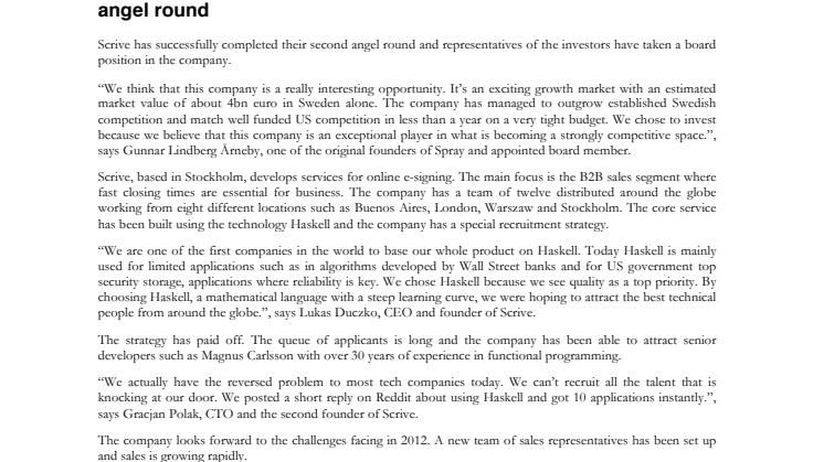 Leading Swedish cloud e-signing company Scrive closes second angel round 	