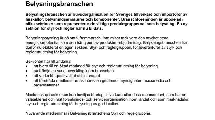 Ny sektion för styr och regler inom Belysningsbranschen