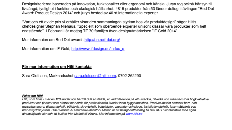 Ny Hilti-produkt får designpris – Red Dot Design Award