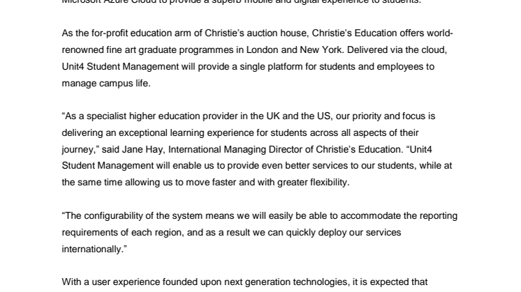 Konsthögskolan Christie’s Education väljer Unit4 Student Management  - vill ge studenter en högkvalitativ mobil och digital upplevelse