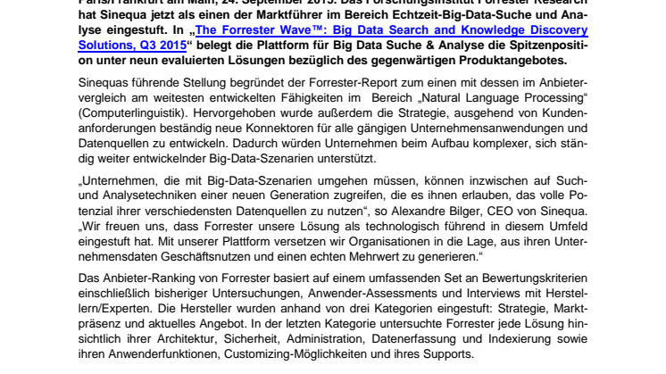 Sinequa als Marktführer für Big Data Search and Knowledge Discovery von unabhängigem Forschungsinstitut eingestuft