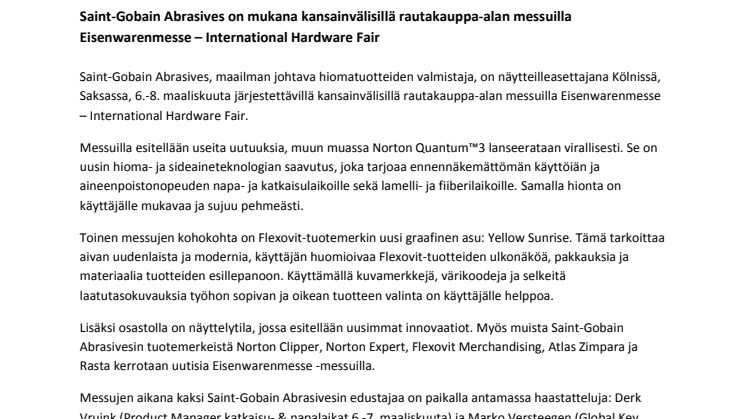 Saint-Gobain Abrasives on mukana kansainvälisillä rautakauppa-alan messuilla Eisenwarenmesse – International Hardware Fair