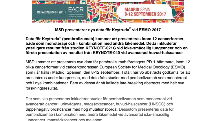 MSD presenterar nya data för Keytruda® vid ESMO 2017 
