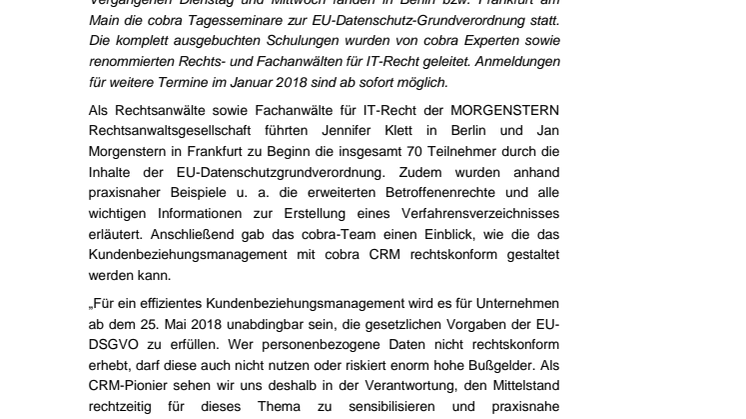 EU-DSGVO: cobra Tagesseminare restlos ausgebucht