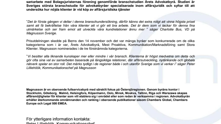 Magnusson tog hem utmärkelsen Årets Advokatbyrå 2012