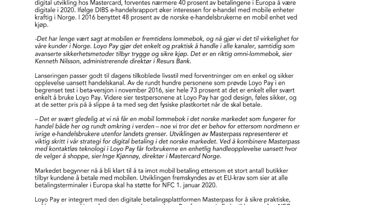Resurs Bank lanserer Loyo Pay – appen for mobil betaling som fungerer både i butikk og på nettet 