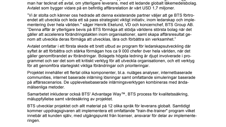 BTS Group tecknar avtal värt USD 1,7 miljoner med ett ledande globalt läkemedelsföretag