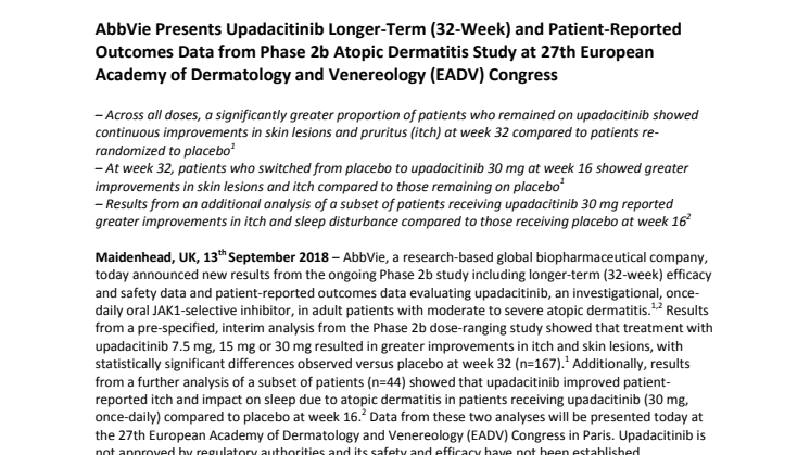 AbbVie Presents Upadacitinib Longer-Term (32-Week) and Patient-Reported Outcomes Data from Phase 2b Atopic Dermatitis Study at 27th European Academy of Dermatology and Venereology (EADV) Congress
